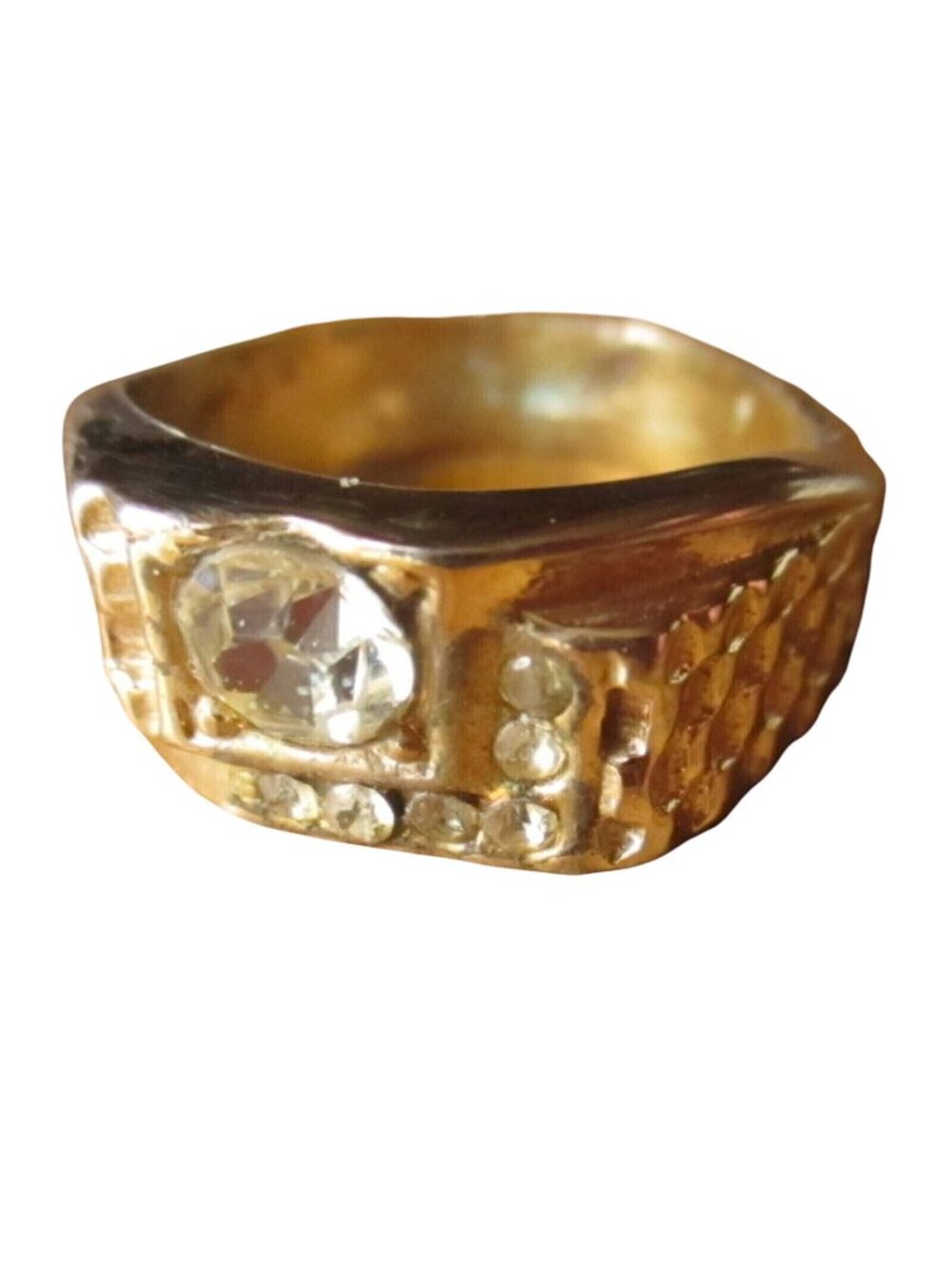 sz 10.5  Vtg 70s CARNIVAL PIMP RING 18k H.G.E. GOLD PLATED GLASS RHINESTONE